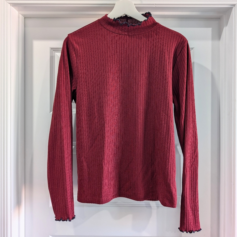 J. Crew Burgundy Ribbed Mock Neck Long Sleeve Contrast Lettuce Trim Shirt M